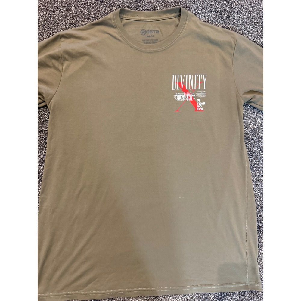 GSTR Divinity Fear No Evil Graphic T-Shirt Mens Large Olive Green Streetwear